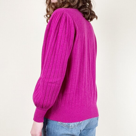 Vintage Lambswool & Angora Hair Ribbed Knit Cardigan Sweater Puffed Poof Sleeves - Picture 3 of 7